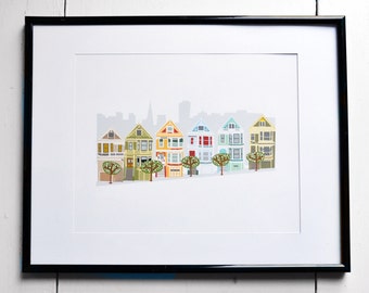 Art Print - Painted Ladies - San Francisco, California, JPress Designs, house portrait, original artwork, whimsical, illustration, modern,