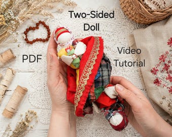 Tutorial en PDF para hacer una muñeca de dos caras, muñeca folclórica reversible, manualidad textil sin costuras, juguete para contar cuentos, clase en vídeo, muñeca Motanka