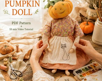 Naai je eigen pompoenpop | PDF-patroon met stapsgewijze video-tutorial | Tutorial voor een primitieve stoffen pop | DIY Halloween-decoratie | Stoffen kunstpop
