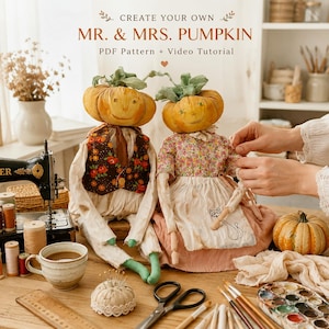 May include: Two fabric pumpkin-headed dolls, one wearing a floral vest and the other a floral blouse with a cat-embroidered apron. Text reads: CREATE YOUR OWN MR. & MRS. PUMPKIN PDF Pattern + Video Tutorial. Includes sewing supplies and a real pumpkin.