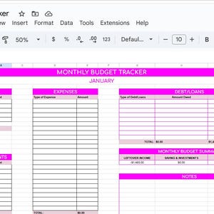 Peut inclure: Une feuille de calcul num&eacute;rique intitul&eacute;e "Monthly Budget Tracker" pour janvier, avec des sections pour les revenus, les d&eacute;penses et les dettes. La feuille de calcul a un en-t&ecirc;te et des titres de section roses.