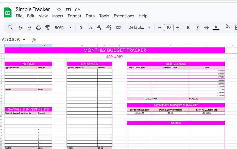 Peut inclure: Une feuille de calcul num&eacute;rique intitul&eacute;e "Monthly Budget Tracker" pour janvier, avec des sections pour les revenus, les d&eacute;penses et les dettes. La feuille de calcul a un en-t&ecirc;te et des titres de section roses.