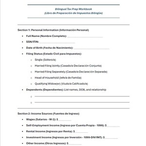 May include: A bilingual tax preparation workbook with instructions in both English and Spanish. The workbook includes sections for personal information, income sources, and dependents.