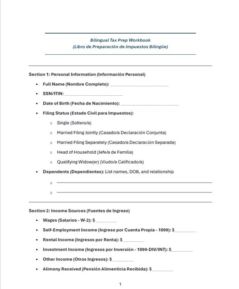 May include: A bilingual tax preparation workbook with instructions in both English and Spanish. The workbook includes sections for personal information, income sources, and dependents.