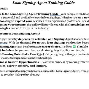 May include: A guide for becoming a Loan Signing Agent. The guide highlights the benefits of the career, including flexible work schedule, high earning potential, and business growth opportunities. The text includes the phrase "Loan Signing Agent Training Guide".