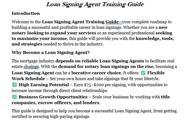 May include: A guide for becoming a Loan Signing Agent. The guide highlights the benefits of the career, including flexible work schedule, high earning potential, and business growth opportunities. The text includes the phrase "Loan Signing Agent Training Guide".