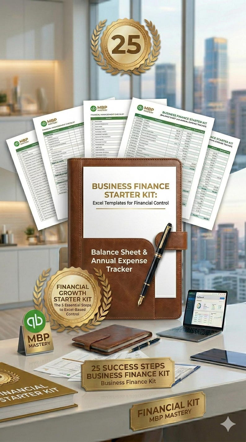Peut inclure: Un kit de d&eacute;marrage de finances d'entreprise avec des mod&egrave;les Excel pour le contr&ocirc;le financier. L'image montre un classeur en cuir marron, un stylo et plusieurs documents imprim&eacute;s. Un ordinateur portable et une tablette sont &eacute;galement visibles, ainsi qu'un embl&egrave;me dor&eacute; avec le chiffre 25.