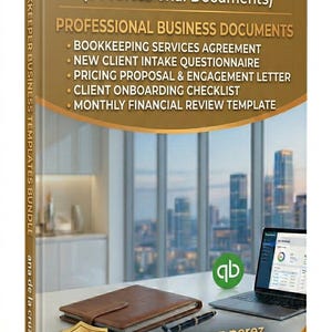 May include: A book titled "Bookkeeper Business Templates Bundle" with the text "5 Professional Documents." The cover lists documents like "Bookkeeping Services Agreement" and "New Client Intake Questionnaire." A laptop and notebook are on a table.