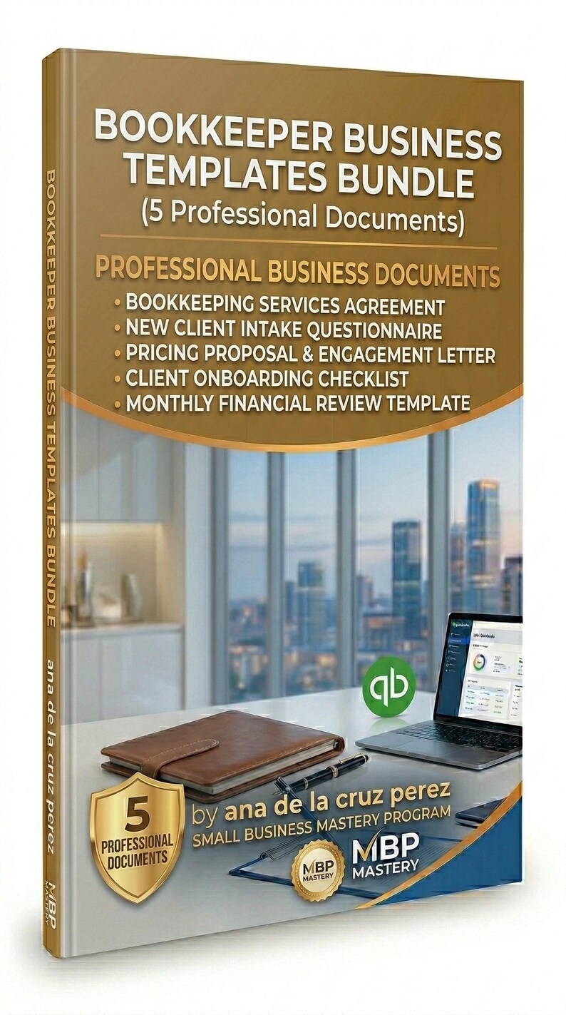 May include: A book titled "Bookkeeper Business Templates Bundle" with the text "5 Professional Documents." The cover lists documents like "Bookkeeping Services Agreement" and "New Client Intake Questionnaire." A laptop and notebook are on a table.