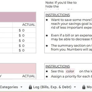 May include: A digital spreadsheet with a pink and white color scheme, featuring sections for 'Summary' and 'Bills'. Instructions are provided to prioritize spending and track expenses. The spreadsheet includes categories and priority levels.