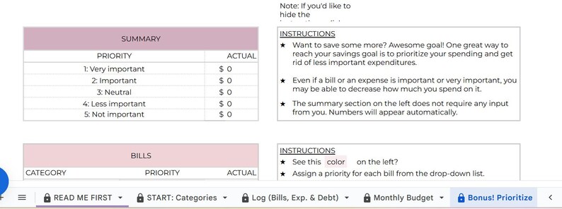 May include: A digital spreadsheet with a pink and white color scheme, featuring sections for 'Summary' and 'Bills'. Instructions are provided to prioritize spending and track expenses. The spreadsheet includes categories and priority levels.