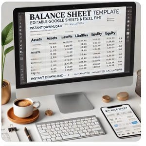 May include: A computer screen displaying a balance sheet template with the text "BALANCE SHEET TEMPLATE" and "EDITABLE GOOGLE SHEETS & EXCEL FILE". The template includes columns for assets, liabilities, and equity. The screen is on a desk with a keyboard, a cup of coffee, and a tablet displaying a balance sheet.