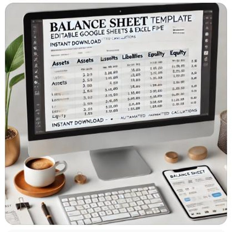 May include: A computer screen displaying a balance sheet template with the text "BALANCE SHEET TEMPLATE" and "EDITABLE GOOGLE SHEETS & EXCEL FILE". The template includes columns for assets, liabilities, and equity. The screen is on a desk with a keyboard, a cup of coffee, and a tablet displaying a balance sheet.