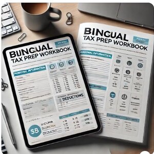 May include: Two open bilingual tax prep workbooks with blue and white accents. The workbooks are titled "Bilingual Tax Prep Workbook" and feature sections for personal information and deductions.
