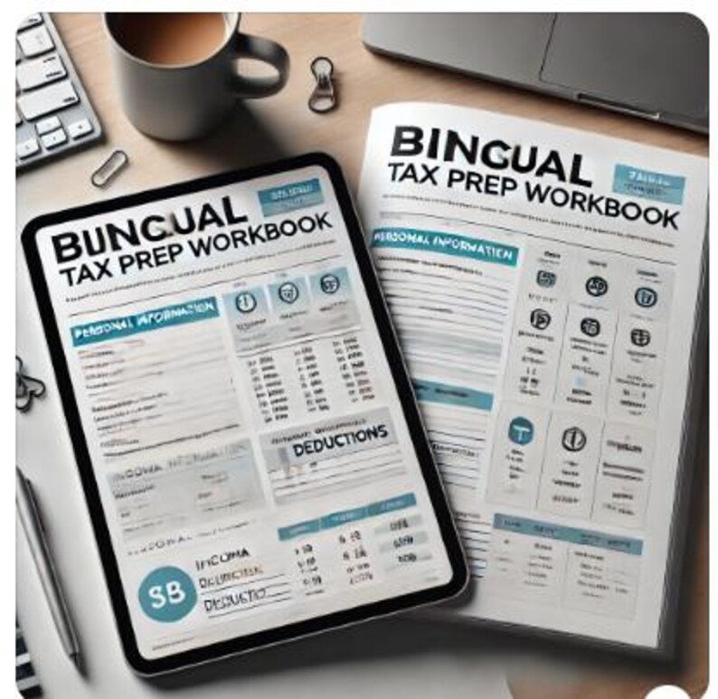 May include: Two open bilingual tax prep workbooks with blue and white accents. The workbooks are titled "Bilingual Tax Prep Workbook" and feature sections for personal information and deductions.
