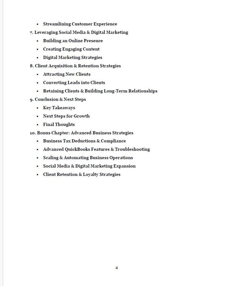 May include: A list of business strategies for growing a business, including streamlining customer experience, leveraging social media, building an online presence, client acquisition and retention, and more.