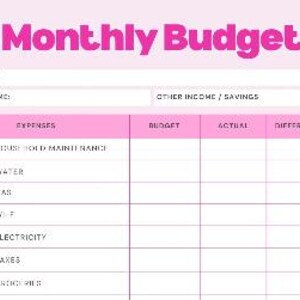 Peut inclure: Un planificateur de budget mensuel rose et blanc intitul&eacute; "Budget Mensuel" en grandes lettres roses. Le planificateur comprend des sections pour les revenus, les d&eacute;penses, le budget, le r&eacute;el et la diff&eacute;rence. Les cat&eacute;gories incluent l'entretien m&eacute;nager, l'eau, le gaz, le wifi, l'&eacute;lectricit&eacute;, les imp&ocirc;ts et l'&eacute;picerie.