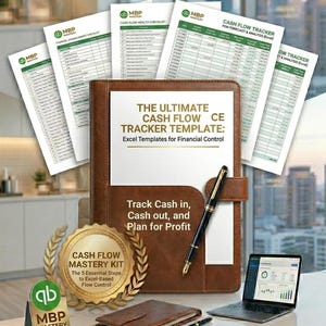 Könnte beinhalten: Ein brauner Lederordner mit dem Text "THE ULTIMATE CASH FLOW TRACKER TEMPLATE" und einem Stift. Mehrere Blätter mit Finanzdaten sind sichtbar, zusammen mit einem Laptop und einem goldenen Emblem mit der Zahl "25".