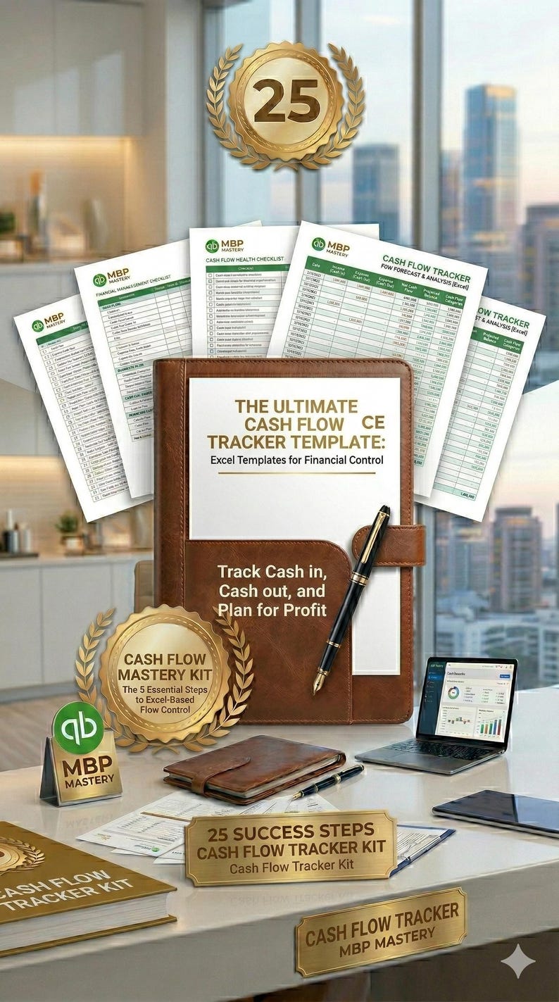 May include: A brown leather binder with the text "THE ULTIMATE CASH FLOW TRACKER TEMPLATE" and a pen. Several sheets of paper with financial data are visible, along with a laptop and a gold-colored emblem that says "25".