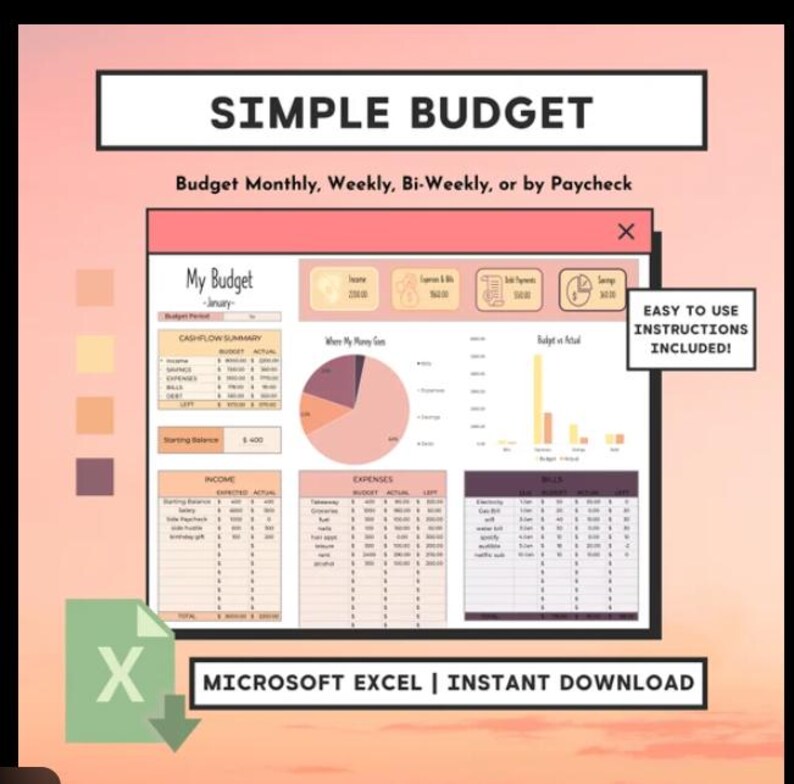 May include: A digital budget template with the text "SIMPLE BUDGET" and "Budget Monthly, Weekly, Bi-Weekly, or by Paycheck." The template includes sections for income, expenses, and bills, with a pie chart and bar graph. The template is for Microsoft Excel and is an instant download.