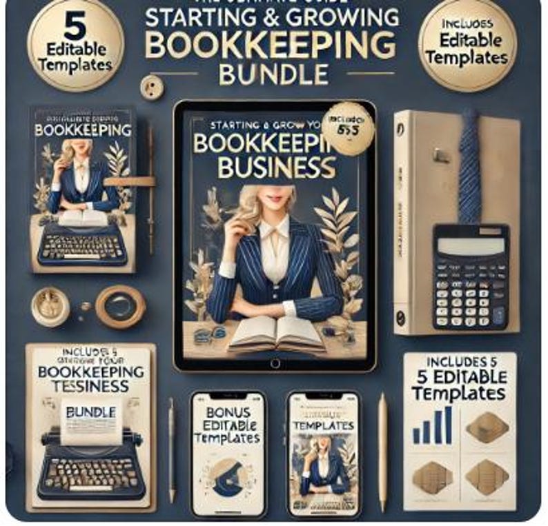 May include: A digital product bundle for starting and growing a bookkeeping business. The bundle includes five editable templates, a guide to starting and growing a bookkeeping business, and bonus editable templates. The image features a woman in a blue and white striped suit sitting at a desk with a book and a calculator.
