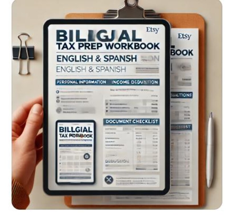 May include: A bilingual tax prep workbook in English and Spanish. The workbook includes sections for personal information, income deductions, and a document checklist. The cover features the title "Bilingual Tax Prep Workbook" in blue text.