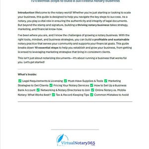 May include: A guide with a green checkmark next to each item on a list of 10 essential steps to build a successful notary business. The list includes legal requirements, pricing services, marketing, and more. The guide is titled "10 Essential Steps to Build a Successful Notary Business".