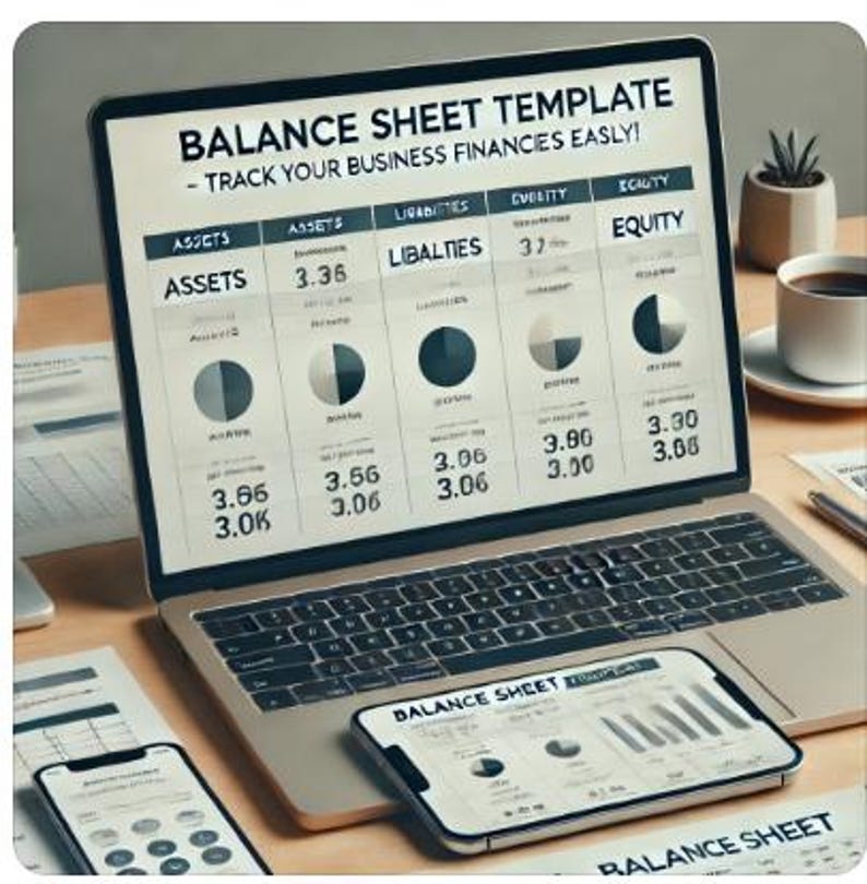 May include: A laptop computer screen displays a balance sheet template with the title "Balance Sheet Template - Track Your Business Finances Easily!" The template is divided into three columns: Assets, Liabilities, and Equity. Each column contains a pie chart and a number. The laptop is on a wooden table with a tablet computer and a cup of coffee.