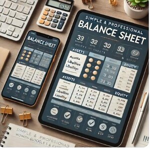 May include: A digital tablet displaying a balance sheet with the title "Simple & Professional Balance Sheet". The sheet includes sections for assets, liabilities, equity, and a summary of the financial data. The tablet is on a wooden surface with a calculator, a smartphone, and a notebook.