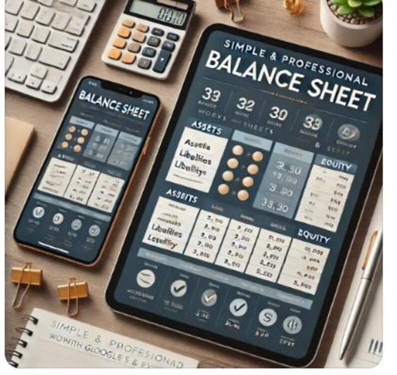 May include: A digital tablet displaying a balance sheet with the title "Simple & Professional Balance Sheet". The sheet includes sections for assets, liabilities, equity, and a summary of the financial data. The tablet is on a wooden surface with a calculator, a smartphone, and a notebook.