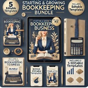 May include: A digital product bundle for starting and growing a bookkeeping business. The bundle includes five editable templates, a guide to starting and growing a bookkeeping business, and bonus editable templates. The image features a woman in a blue and white striped suit sitting at a desk with a book and a calculator.
