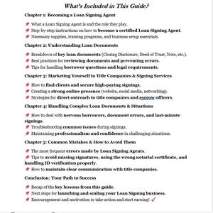 May include: A guide outlining the steps to becoming a certified loan signing agent. The guide covers topics such as understanding loan documents, marketing to title companies, handling complex loan documents and situations, and common mistakes to avoid.
