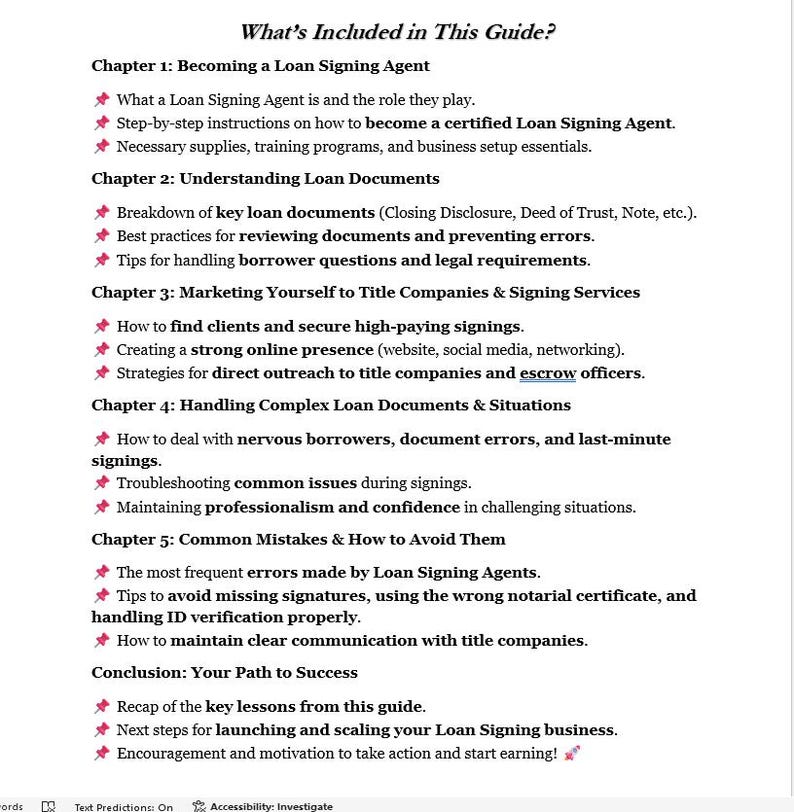 May include: A guide outlining the steps to becoming a certified loan signing agent. The guide covers topics such as understanding loan documents, marketing to title companies, handling complex loan documents and situations, and common mistakes to avoid.