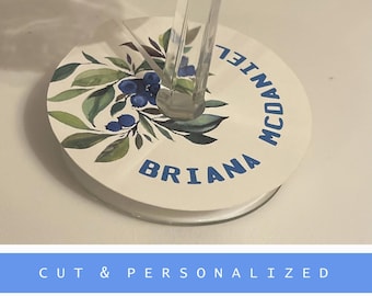 Personalized Wine Glass Place Cards: Botanical Wedding Table Decor