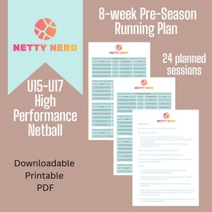 May include: A downloadable PDF with a netball running plan. The document includes the text "8-week Pre-Season Running Plan" and "24 planned sessions." The Netty Nerd logo is visible. The plan is for U15-U17 High Performance Netball.