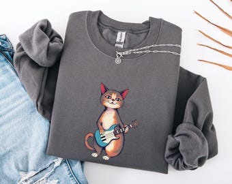 Sudadera con cuello redondo divertida para amantes de los gatos y guitarristas para hombres, mujeres y niños, sudadera con gráfico de gato tocando la guitarra acústica y rock, regalos para dueños de gatos