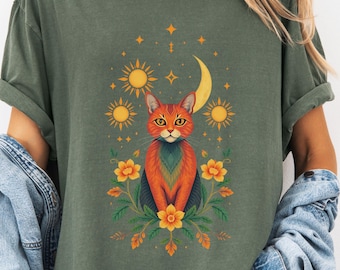 Camiseta Cat Lunar Flower, presentes para ela, presente para a mãe, para mulheres, presentes fofos, presente para amantes de gatos, presente para amantes de gatos, camiseta de gato, presente para ele