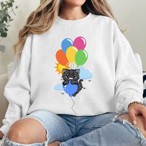 Cute Cat Ballon Sweat Shirt, Funny Cat Crewneck Sweatshirt, Cat Shirts for Women, Gifts for Mom, Gifts for Her, Graphic Tees, Gift for Him