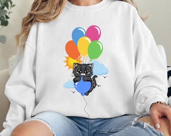 Cute Cat Ballon Sweat Shirt, Funny Cat Crewneck Sweatshirt, Cat Shirts for Women, Gifts for Mom, Gifts for Her, Graphic Tees, Gift for Him
