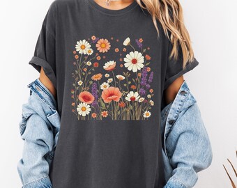 Camiseta floral vintage, presente para ela, camisetas de plantas, camisa floral, presente para mulheres, camisa cottagecore, camisa de flores silvestres, camisa boho