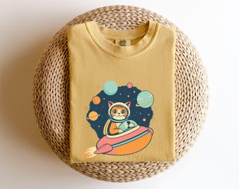 Funny Cat Space Ship Shirt, Funny Cat T-shirt, Alien Oversized Graphic Tee, Trendy Women's, UFO Cat Shirt, Alien UFO Shirts, space-cat