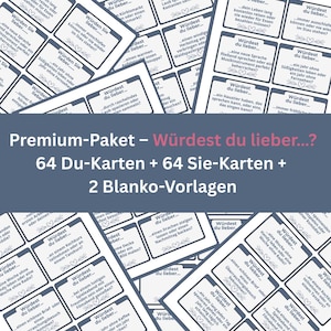 Könnte beinhalten: Ein Kartenspiel mit dem Titel "Würdest du lieber...?" in deutscher Sprache. Die weißen Karten mit schwarzem Text stellen verschiedene "Was wäre dir lieber?"-Szenarien dar. Das Set enthält 64 "Du-Karten", 64 "Sie-Karten" und 2 Blanko-Karten.