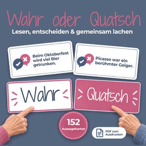 Könnte beinhalten: Ein Spieleset mit dem Titel Wahr oder Quatsch, bestehend aus 152 ausdruckbaren Aussagekarten. Das Design umfasst weiße Karten mit deutschem Text, eine rosa Karte mit der Aufschrift Quatsch, eine weiße Karte mit Wahr und 152 Aussagekarten.