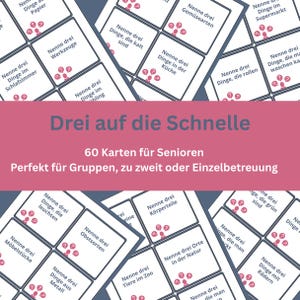 Könnte beinhalten: Eine Sammlung weißer Karten mit deutschem Text, die Kategorien wie 'Dinge in der Küche' und 'Gemüsearten' enthalten. Die Karten sind für Senioren konzipiert und für die Gruppen- oder Einzelnutzung bestimmt. Der Titel 'Drei auf die Schnelle' ist zu sehen.