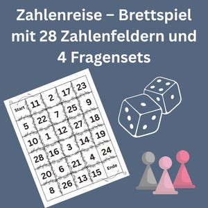 Puede incluir: Un juego de mesa titulado "Zahlenreise - Brettspiel" en alemán, con un tablero de juego con 28 casillas numeradas y cuatro conjuntos de preguntas. También se muestran dos dados blancos y tres fichas de juego en gris y rosa.