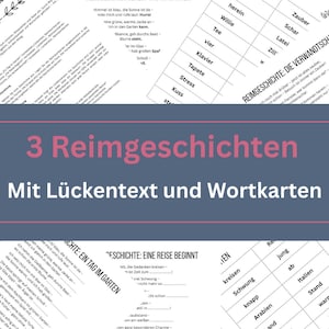 Puede incluir: Un recurso educativo con texto en alemán. La imagen muestra un título rosa, "3 Reimgeschichten" (3 Historias de rimas), y el subtítulo "Mit Lückentext und Wortkarten" (Con texto de huecos y tarjetas de palabras). También se ve texto y listas de palabras adicionales.