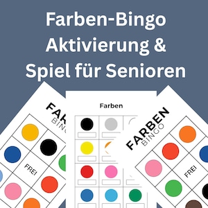 Puede incluir: Un juego de Farben-Bingo para personas mayores. El juego presenta cartones de bingo con círculos de colores en varios colores, incluyendo amarillo, negro y rosa. El texto "Farben-Bingo Aktivierung & Spiel für Senioren" se muestra en la parte superior.