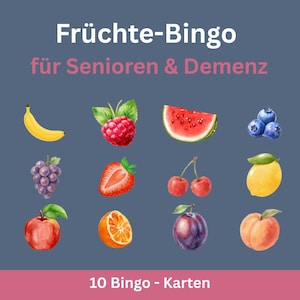 Può includere: Una scheda di gioco del bingo con illustrazioni ad acquerello di vari frutti, tra cui una banana, un lampone, un'anguria, mirtilli, uva, una fragola, ciliegie, un limone, una mela, un'arancia, una prugna e una pesca. Il testo recita "Früchte-Bingo für Senioren & Demenz" e "10 Bingo - Karten".