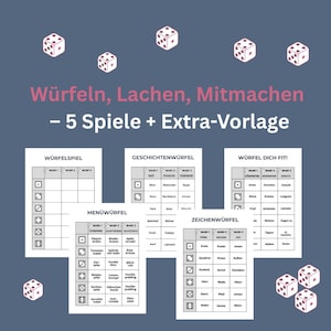 Puede incluir: Un juego de mesa con dados y tableros. El texto de la imagen dice "Würfeln, Lachen, Mitmachen - 5 Spiele + Extra-Vorlage". Los tableros incluyen "WÜRFELSPIEL", "GESCHICHTENWÜRFEL", "WÜRFEL DICH FIT!", "MENÜWÜRFEL" y "ZEICHENWÜRFEL".