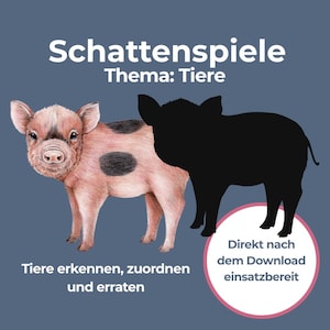 Op de afbeelding: Illustratie van een varken met roze en zwarte vlekken naast een zwart silhouet van een varken. De afbeelding bevat Duitse tekst: "Schattenspiele Thema: Tiere" en "Tiere erkennen, zuordnen und erraten."